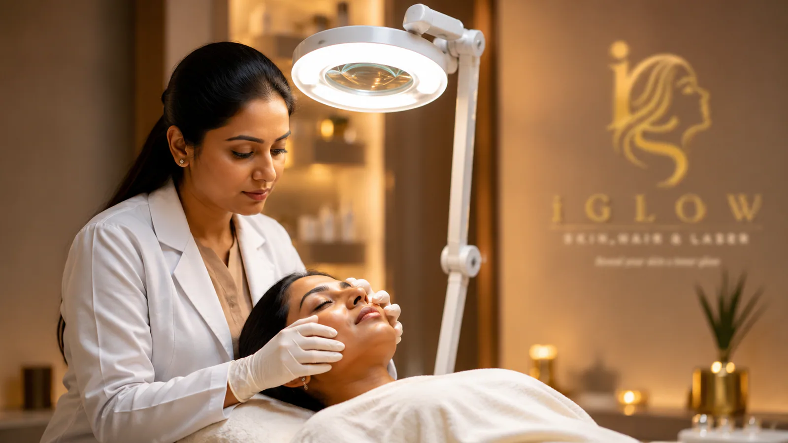 Female clinician examining a patient's skin during treatment