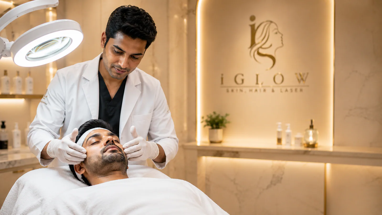 Male clinician providing a facial treatment to a patient