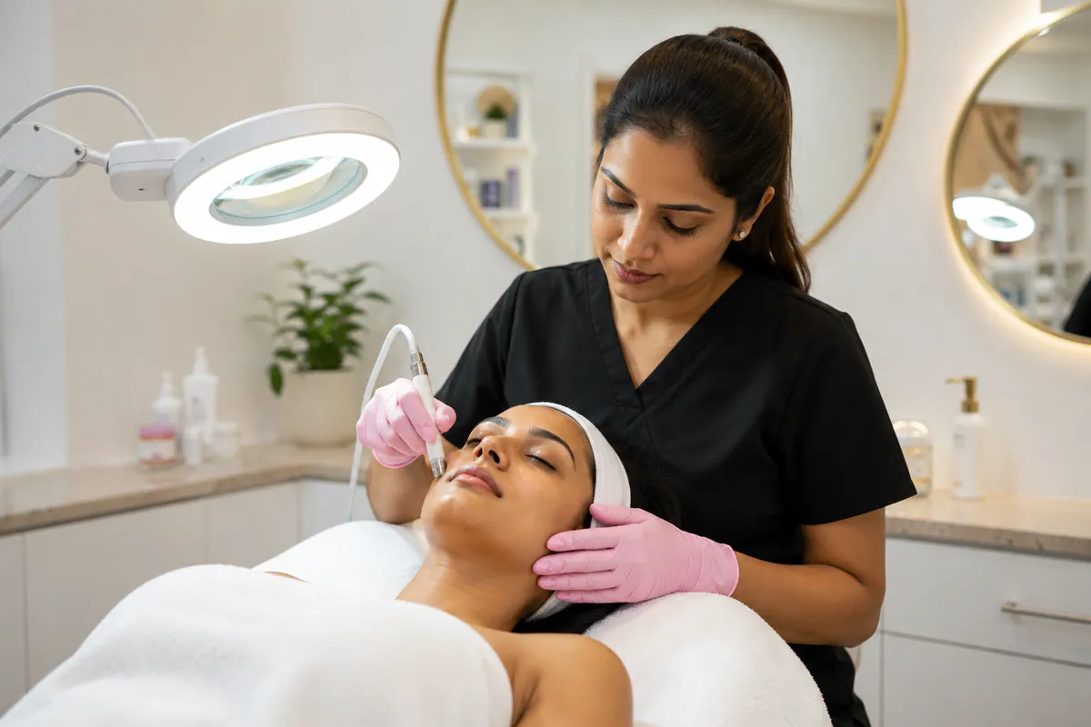 Clinician performing a facial treatment in the iGlow treatment room