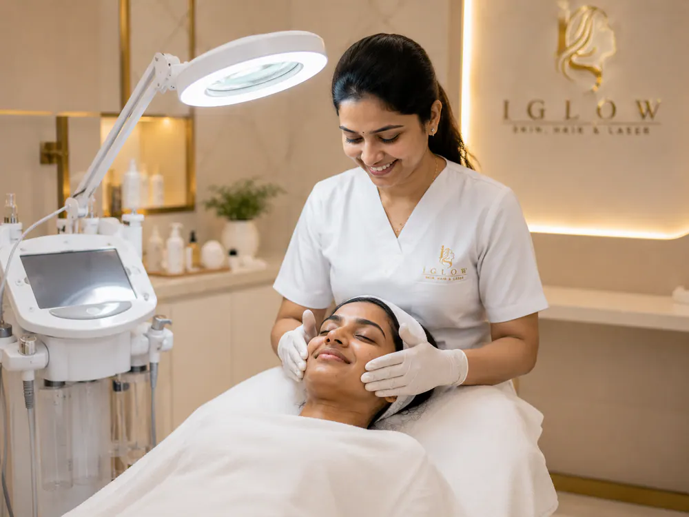 Clinician providing a facial treatment with a medical device