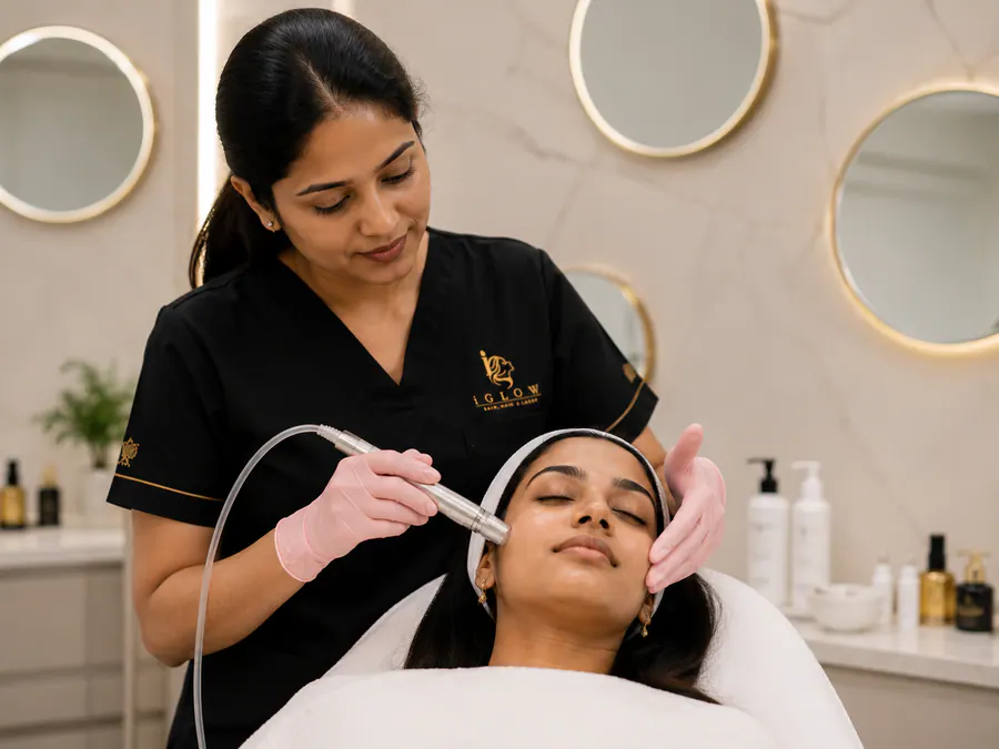 Clinician applying a precision device during facial treatment