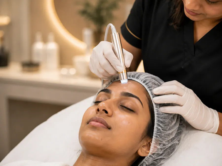 Clinician examining a patient's forehead during a skin procedure