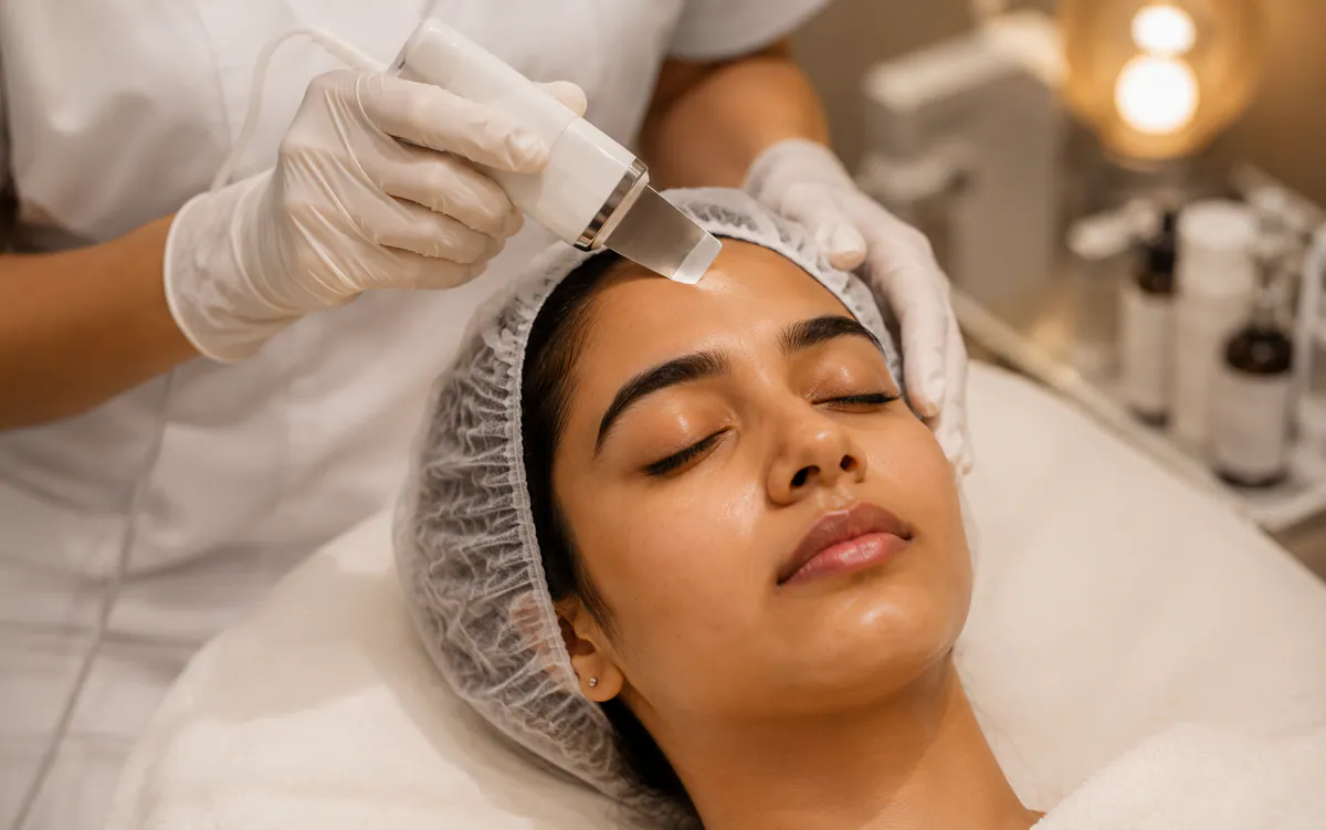 Clinician using a handheld skin treatment device on a patient’s forehead
